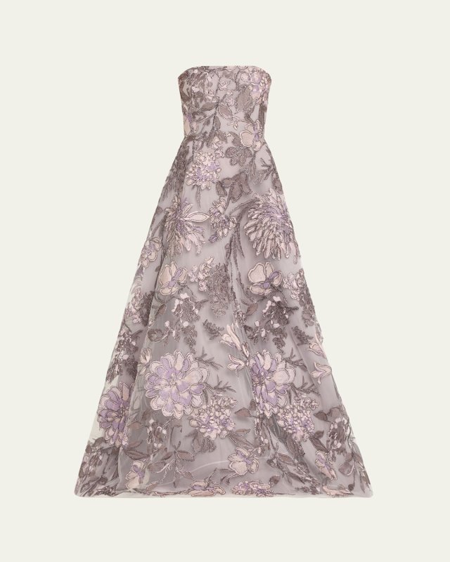 Strapless Floral Raffia Embroidered Gown